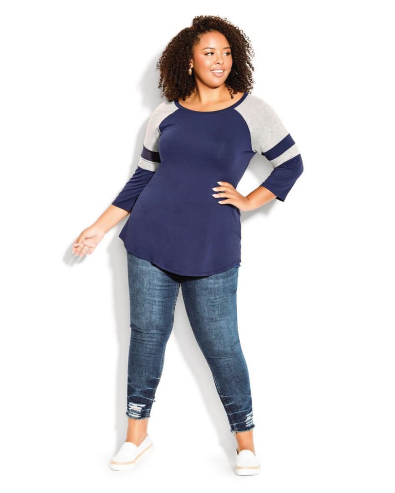 Plus size model wearing Raglan-Sleeve Colorblocked Tee by Avenue | Dia&Co | dia_product_style_image_id:171806